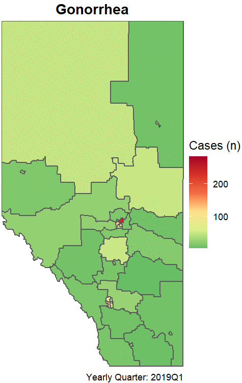 Case counts of gonorrhea by quarter from 2019 to 2022. Grey represents 0 cases.