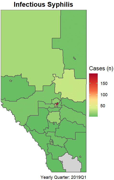Case counts of infectious syphilis by quarter from 2019 to 2022. Grey represents 0 cases.